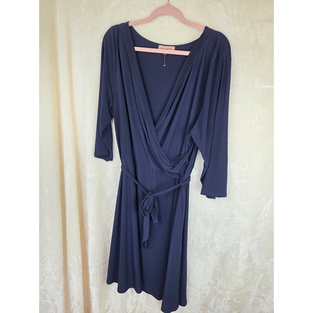 East Adeline Navy Blue Faux Wrap Dress 4X‎ Plus Size 3/4 Sleeve Jersey Knit